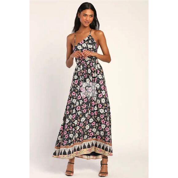 Lulu's Dresses & Skirts - Lulus bohemian bliss black floral asymmetrical backless maxi dress